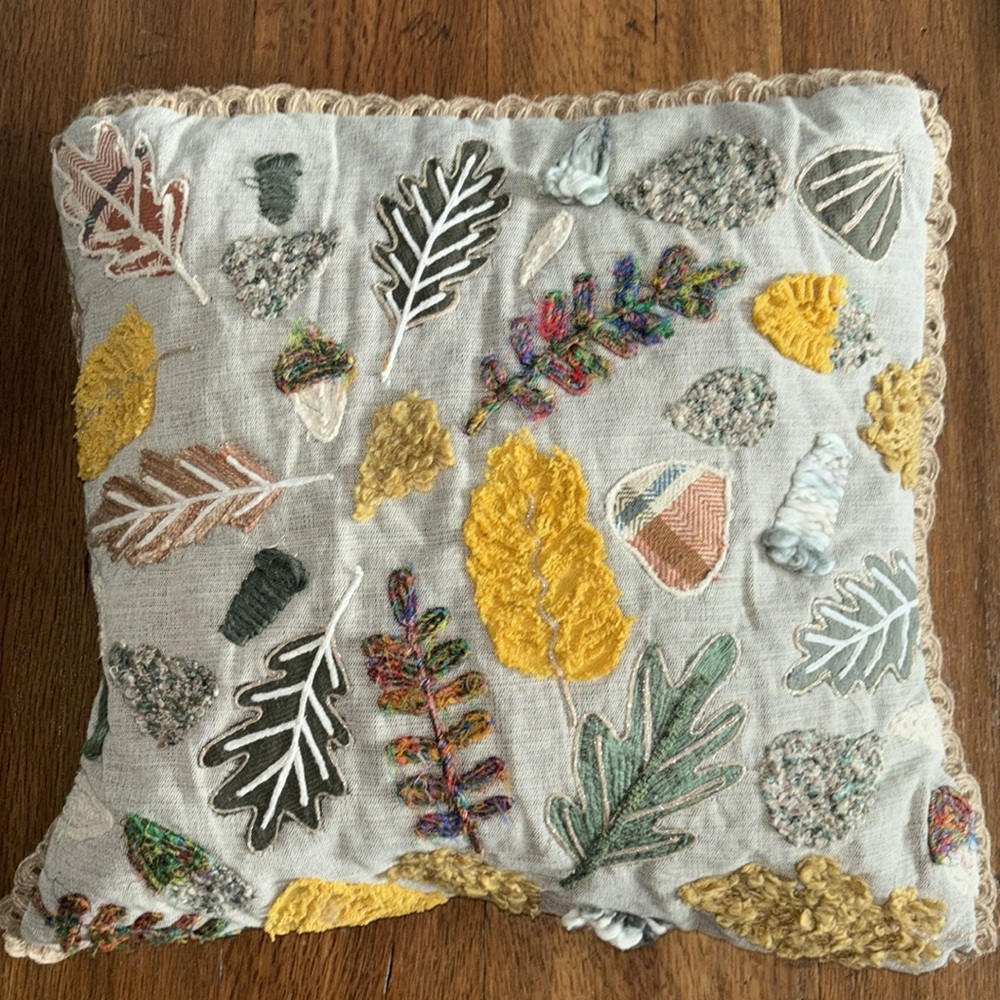Bee & Willow multi leaves embroidered cotton jute pillow cover